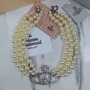Pearl Necklace Vivienne Westwood Three Row Pearl Bas Relief Choker In Silver